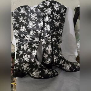 ROTCV Black and White Floral Over the Knee Boots